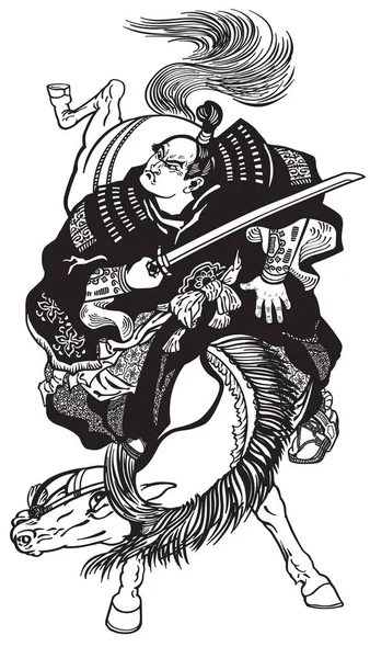 Midilli at binme ve bir kılıç tutan Japon samurai süvari. Ortaçağ Asya savaşçı bir at sırtında. Siyah ve beyaz dövme stil vektör çizim