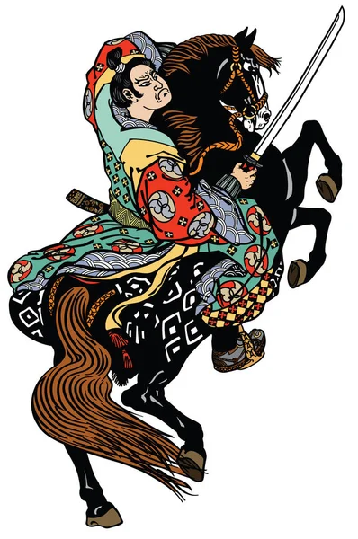 Japanska Noble Samurai Ryttaren Sitter Uppfödning Ponny Häst Och Håller — Stock vektor