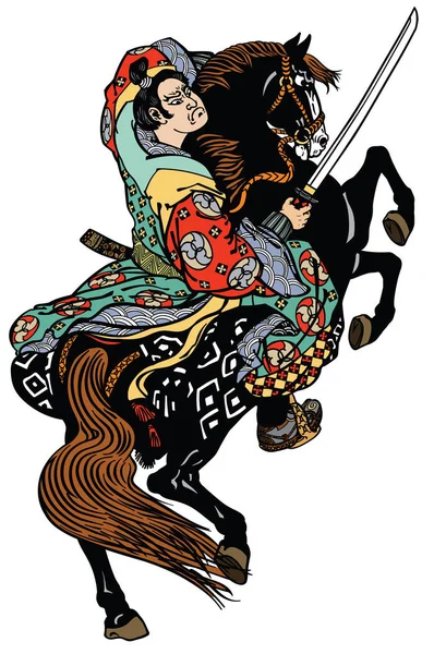 Cavalier Samouraï Japonais Noble Assis Sur Cheval Poney Élevage Tenant — Image vectorielle