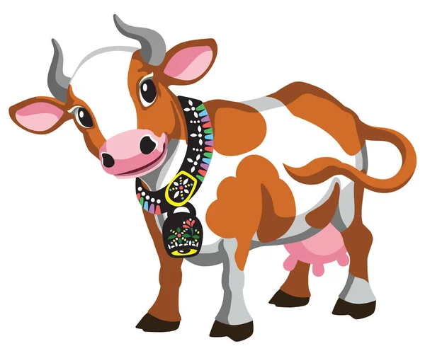 Cartoon Cow Bell Neck Brown Spotted Cattle Vector Illustration Isolated — Stock Vector