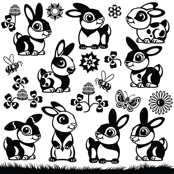 Set Coniglietti Dei Cartoni Animati Collezione Bianco Nero Illustrazioni Vettoriali — Vettoriale Stock