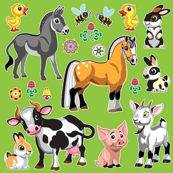 一套卡通农场动物 收集婴儿和小孩 在绿色背景的向量例证 — 图库矢量图片