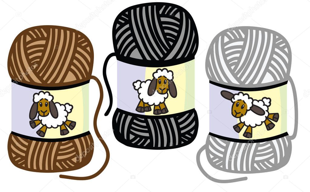 cartoon funny sheep on the woolly thread balls. Yarns of lamb wool . Isolated vector illustration