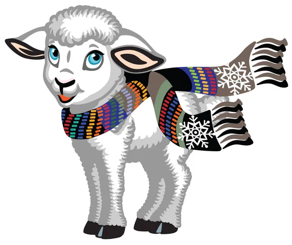 Cartoon Lamb Wearing Colorful Knitted Scarf Cute Baby Sheep Isolated — Stock Vector