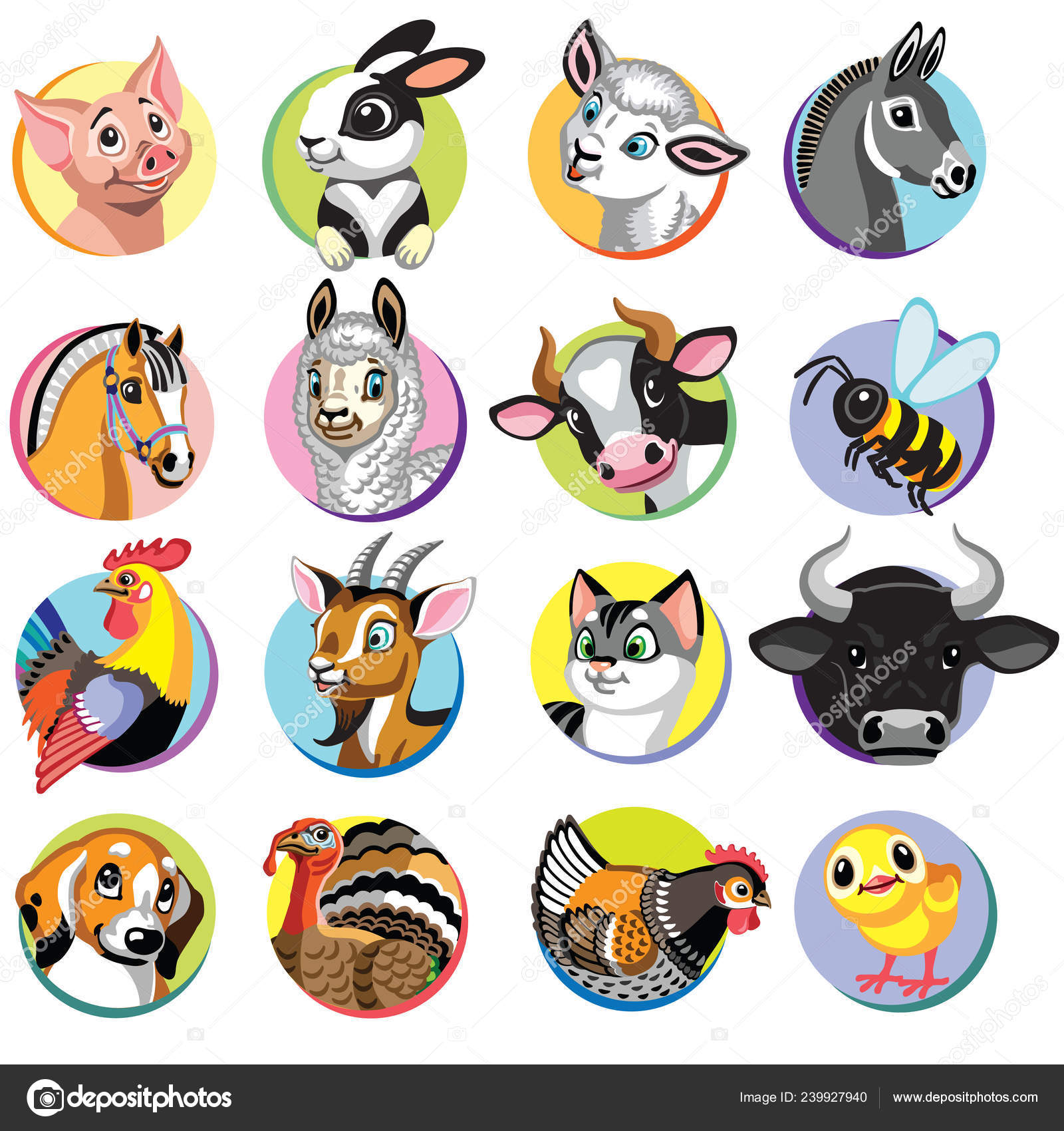 Colección Animales Granja Dibujos Animados Conjunto Iconos Aislados Blanco  Ilustraciones Vector de stock #239927940 de ©insima, image size:1600x1700