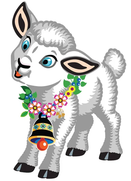 Dessin Animé Petit Mouton Avec Une Cloche Des Fleurs Autour — Image vectorielle