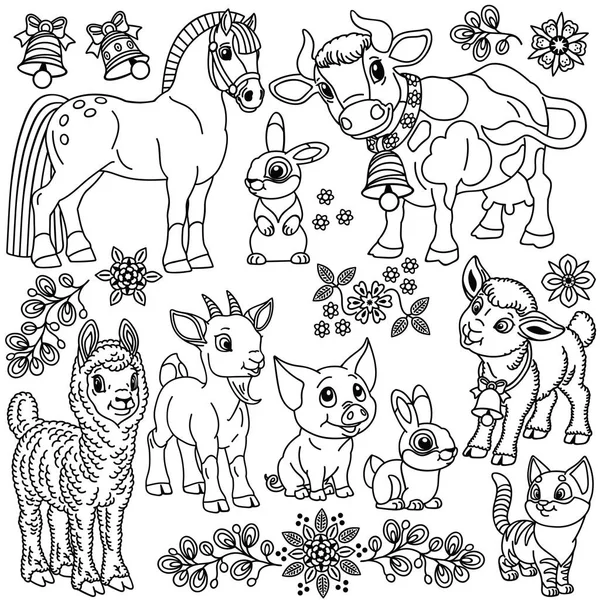 Set Cartoon Farm Animals Outline Collection Babies Little Kids Black — Stock Vector