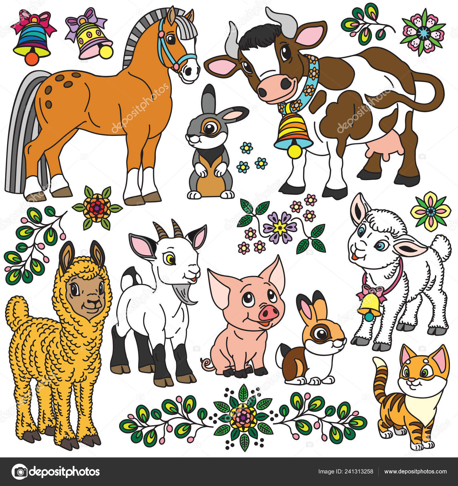 Animales Granja Dibujos Animados Aislados Blanco Conjunto Ilustraciones  Vectoriales Para Vector de stock #241313258 de ©insima, image size:1600x1700