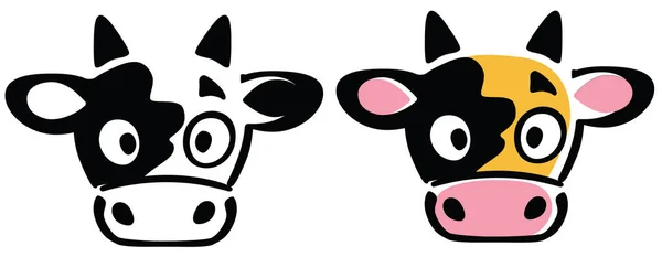 Kreslená Hlava Krávy Čelní Pohled Černé Bílé Barevné Označení Ikony — Stockový vektor
