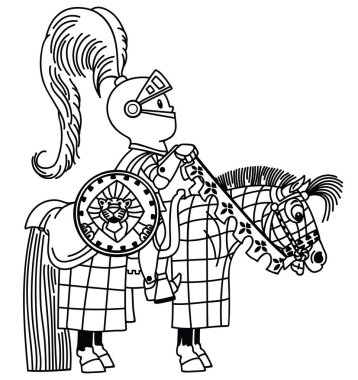 çizgi film Ortaçağ Şövalyesi Süvari zırh. Küçük çocuk onun midilli at üzerinde oturan bir at binicisi. Küçük çocuklar için boyama sayfası. Anahat vektör çizim 