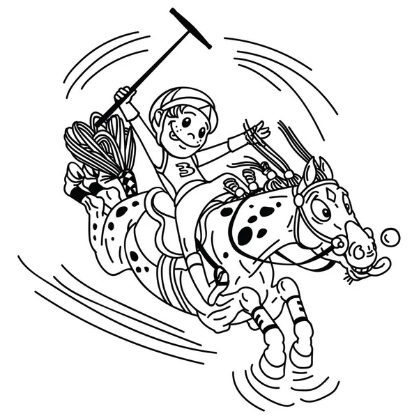 Cartoon Equestrian Polo Sport Player Little Boy Riding Pony Horse — Stock Vector