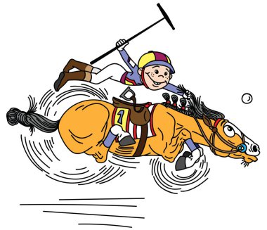 çizgi film atlı polo sport. Oyuncu bir topa vurmak için bir midilli binicilik ve bir çekiç sopa tutan küçük çocuk. Dörtnala at. Vektör çizim