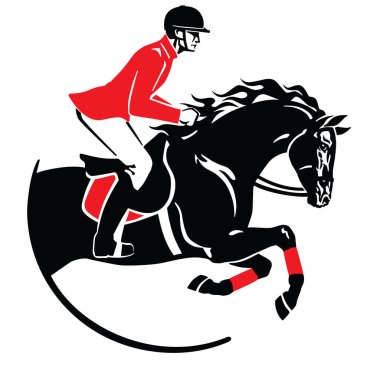 Atlı spor. At atlama amblem, logo, kutsal kişilerin resmi. Siyah ve kırmızı vektör