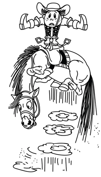 Cartoon Paard Afwerpt Een Cowboy Kleine Jongen Ruiter Een Bucking — Stockvector