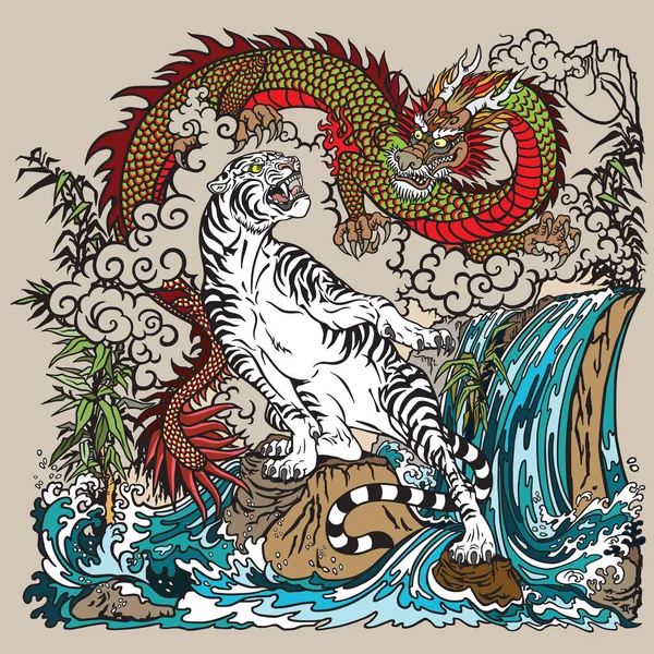 Dragon Chinois Vert Tigre Blanc Dans Paysage Avec Cascade Rochers — Image vectorielle