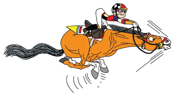 Cheval Course Dessin Animé Avec Jockey Galopant Toute Vitesse Drôle — Image vectorielle