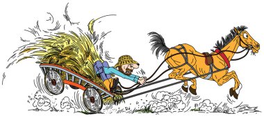 karikatür eski at saman ve yaşlı çiftçi ile ahşap bir araba çekti. Adam onun asi eğlenceli eski kısrak kontrol etmeye çalışıyor. Vektör Illustration
