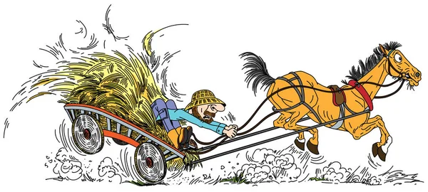 Desenho Animado Cavalo Velho Puxou Carrinho Madeira Com Feno Agricultor — Vetor de Stock