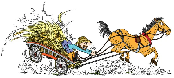 karikatür eski at saman ve yaşlı çiftçi ile ahşap bir araba çekti. Adam onun asi eğlenceli eski kısrak kontrol etmeye çalışıyor. Vektör Illustration
