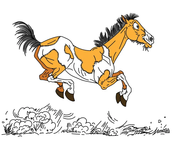 漫画の古い馬 幸せな老いたピントは ギャロップで自由に実行されたマーレやマスタングを着色しました 側面図ベクトルイラスト — ストックベクタ