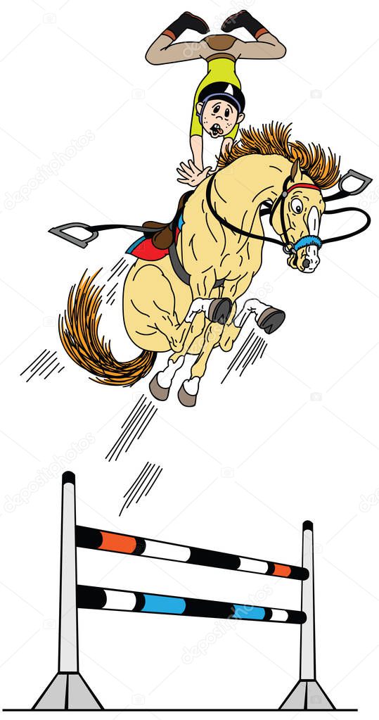 cartoon high jumping horse . Young rider training his pony to jump over obstacle. Funny equestrian sport . Vector illustration