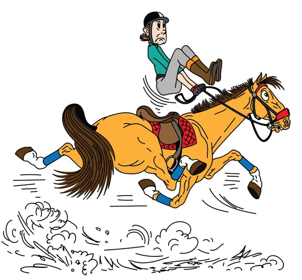 馬に乗って漫画のライダー 大人の男は 速いトロット馬に座って サドルのバランスをとろうとしています 乗馬スポーツのレッスン 側面図ベクトル図 — ストックベクタ