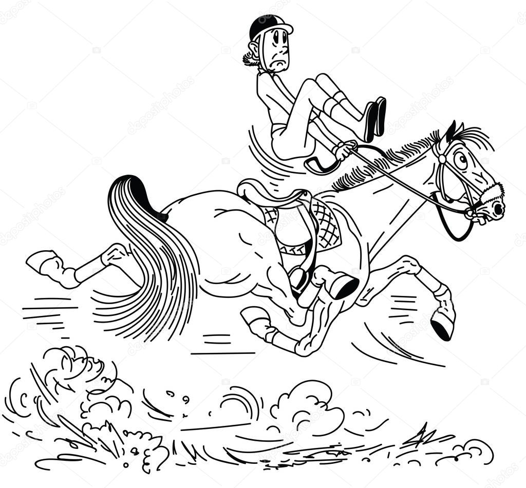 cartoon rider riding a horse . The adult man sitting on a fast trotting horseback and trying to balance in the saddle . Lesson of equestrian sport . Black and white  vector illustration