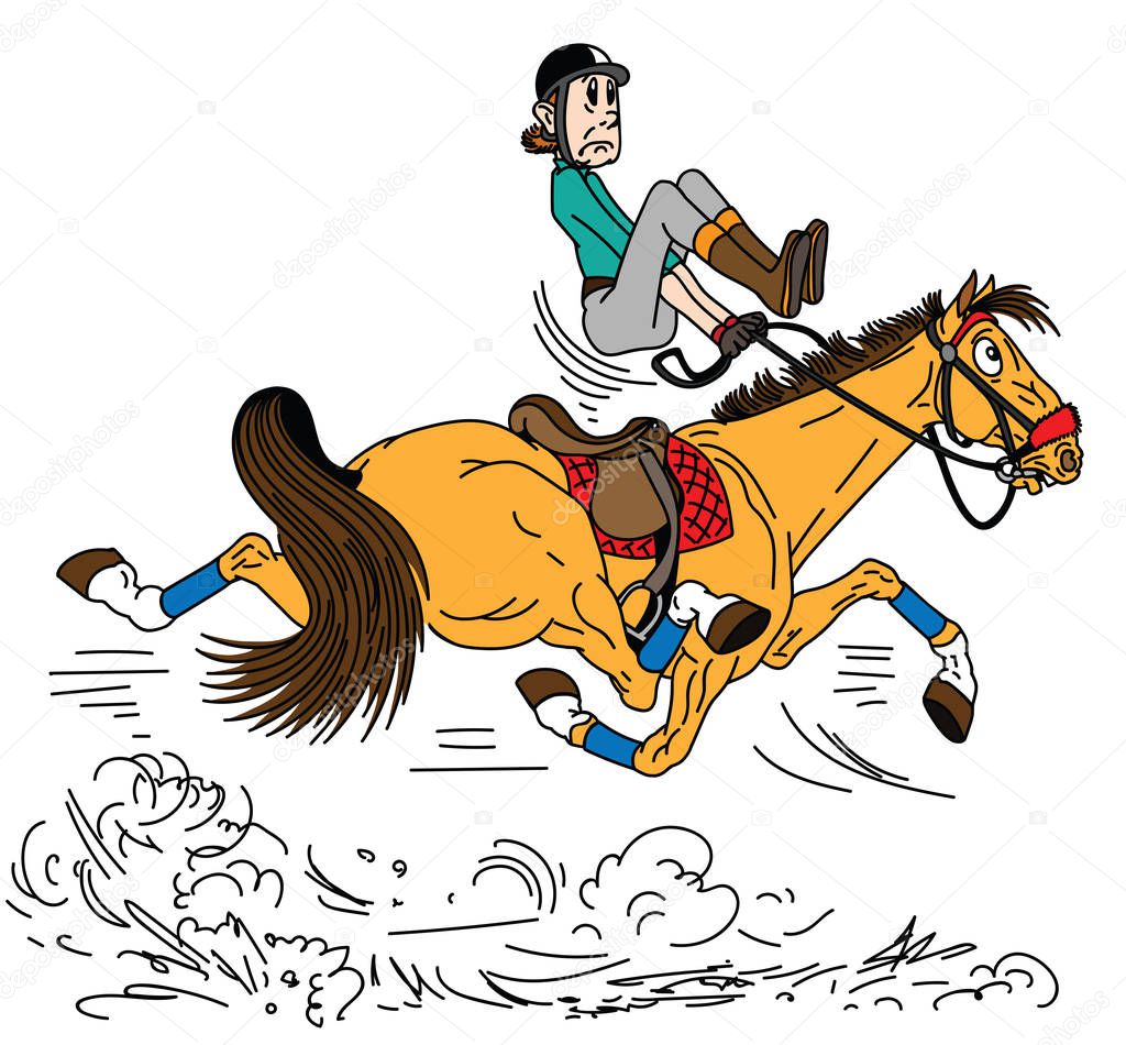 cartoon rider riding a horse . The adult man sitting on a fast trotting horseback and trying to balance in the saddle . Lesson of equestrian sport . Side view vector illustration