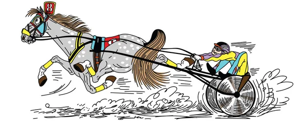 Tecknad Sele Hästkapplöpning Snabbgående Travare Dra Två Hjul Vagn Sulky — Stock vektor