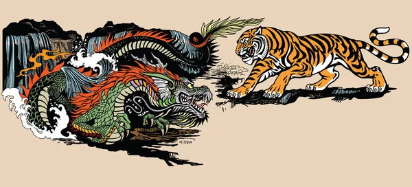 Groene Chinese Oost Aziatische Draak Tijger Twee Spirituele Wezens Het — Stockvector