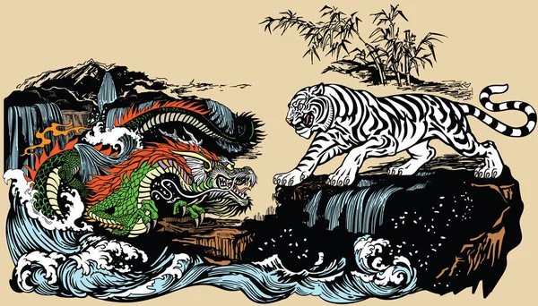 Dragon Chinois Vert Asie Est Contre Tigre Blanc Dans Paysage — Image vectorielle