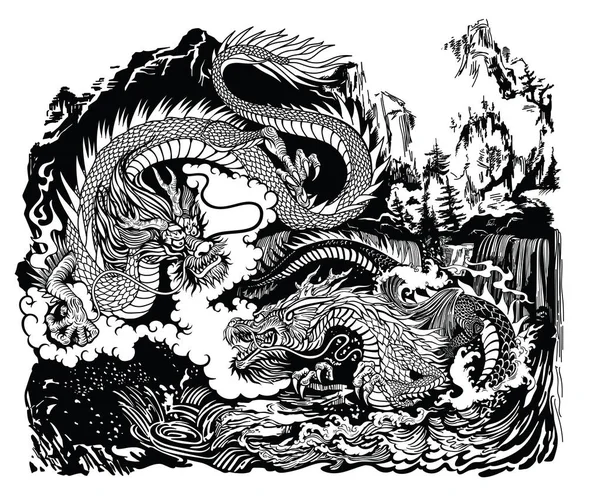 Deux Dragons Chinois Asie Est Dans Paysage Avec Des Cascades — Image vectorielle