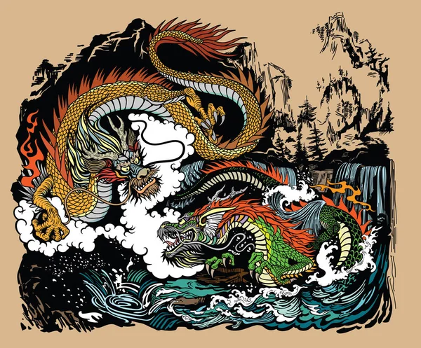 两条中国东亚巨龙在景观中 有瀑布 云彩和水浪 图形样式矢量插图 — 图库矢量图片