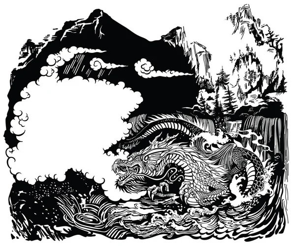 Dragon Chinois Asie Est Gardien Des Eaux Terre Paysage Avec — Image vectorielle