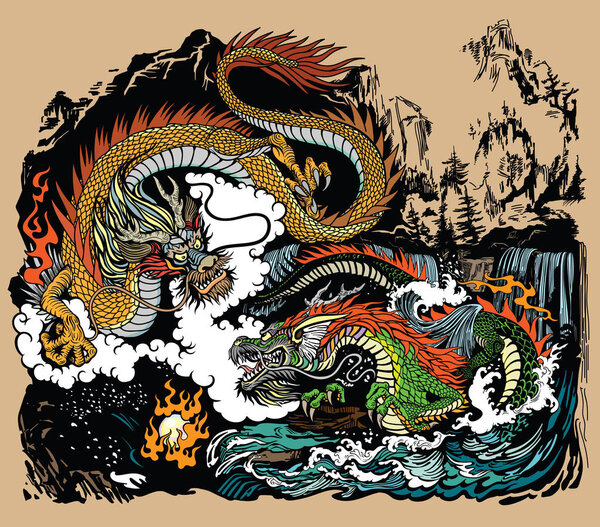 Two Chinese East Asian dragons encircling a flaming pearl. Landscape with waterfalls, mountains, clouds and water waves. Graphic style vector illustration