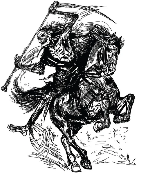Zamračený Jezdec Drží Kosu Sedí Koni Temný Jezdec Smrti Kůň — Stockový vektor
