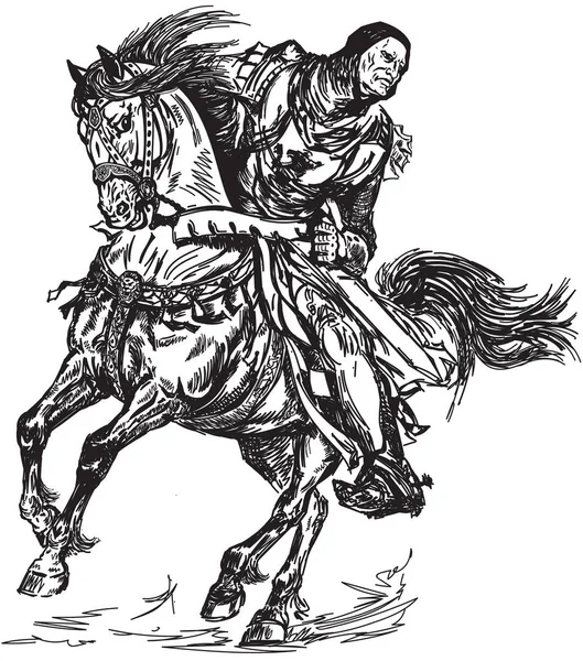 Ortaçağ Şövalyesi Atını Dörtnala Siyah Beyaz Grafik Tarzı Vektör Illüstrasyon — Stok Vektör