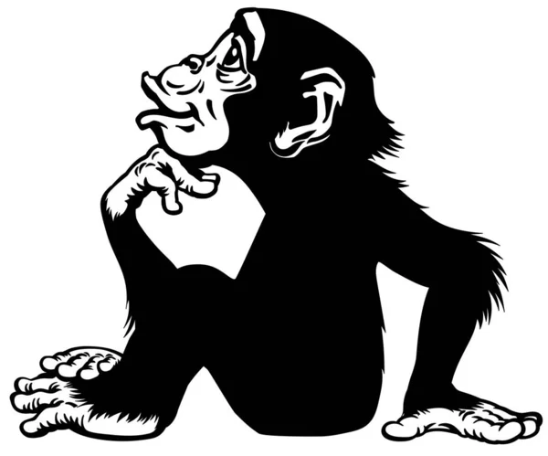 Cartoon Chimp in thinker profile black and white — Stock Vector