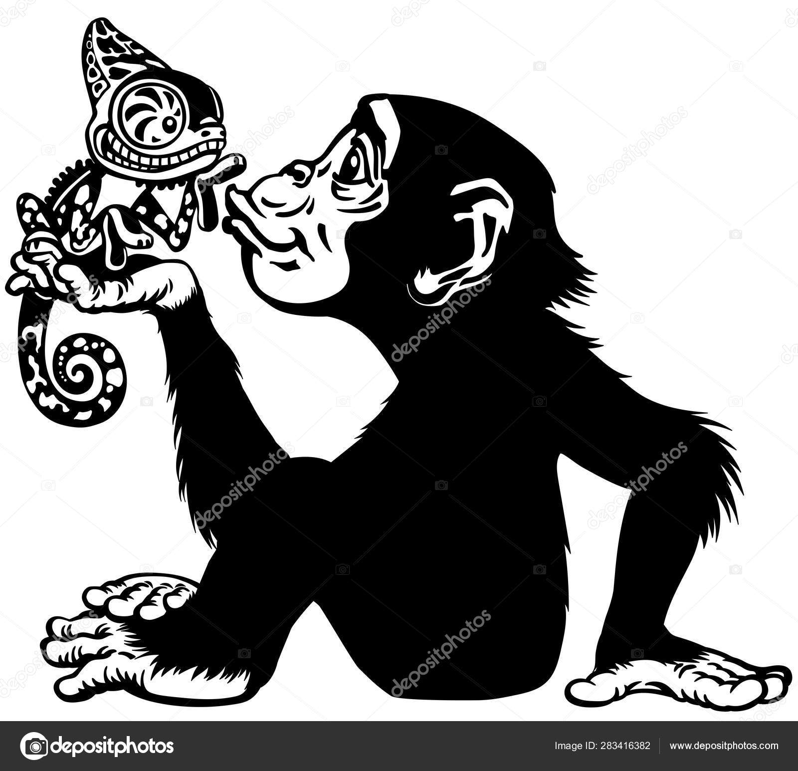 Vetores de Chimpanzé Macaco Dos Desenhos Animados Segurando E