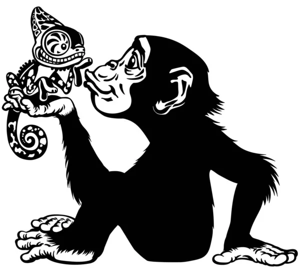 Chimpanzé dessin animé tenant un caméléon noir et blanc — Image vectorielle