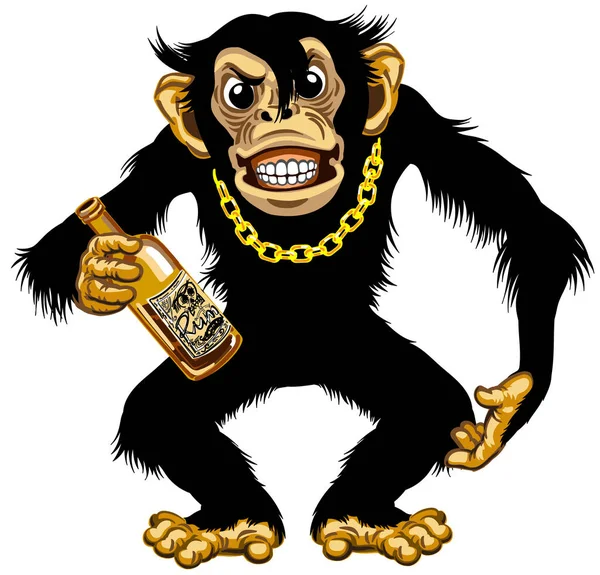 Caricature chimpanzé tenant bouteille de rhum — Image vectorielle