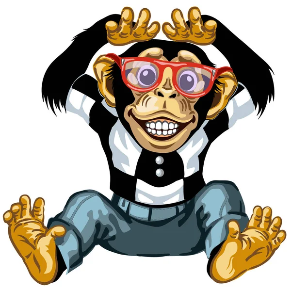 Alegre chimpancé de dibujos animados con gafas — Vector de stock