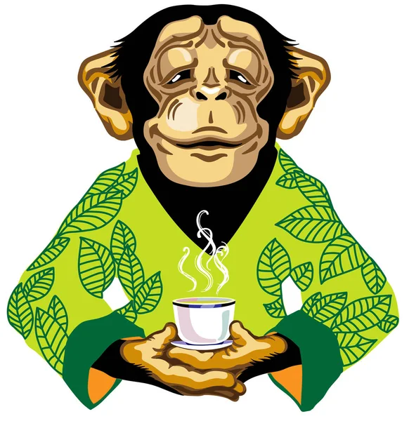 Chimp in green kimono holding cup of tea — Stock Vector