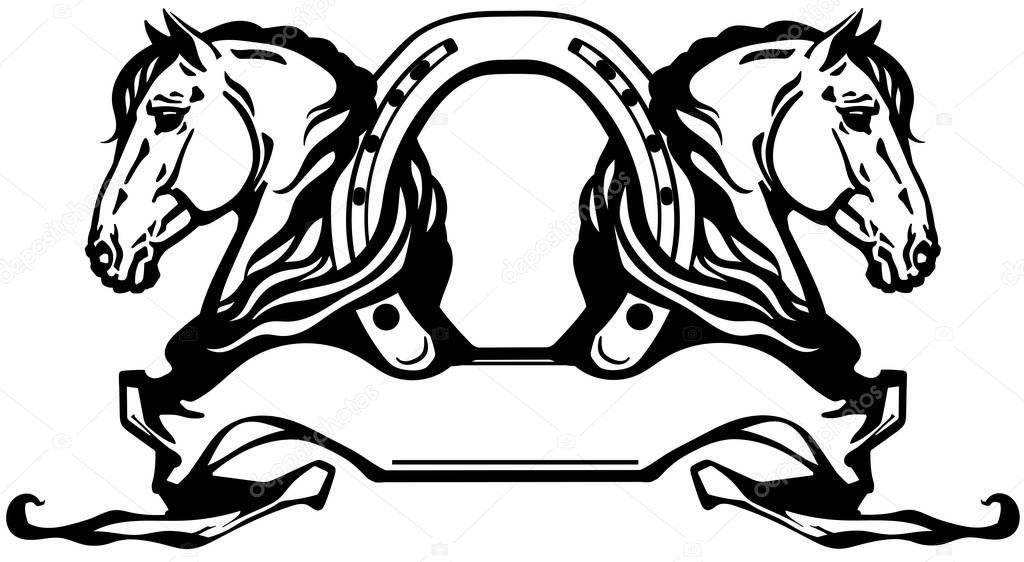 Two heads of horses in profile. Logo, banner, emblem with horseshoe and ribbon scroll. Black and white side view vector