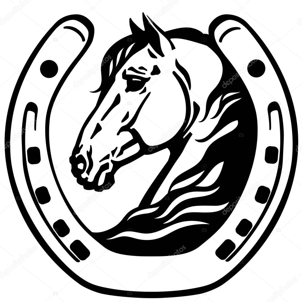 Horse head in the horseshoe. Logo. icon, emblem. Black and white vector