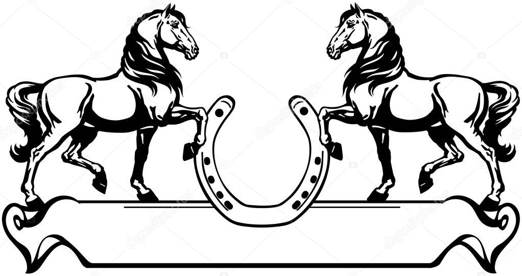 Two horses in profile. Logo, banner, emblem with horseshoe and ribbon scroll. Black and white side view vector