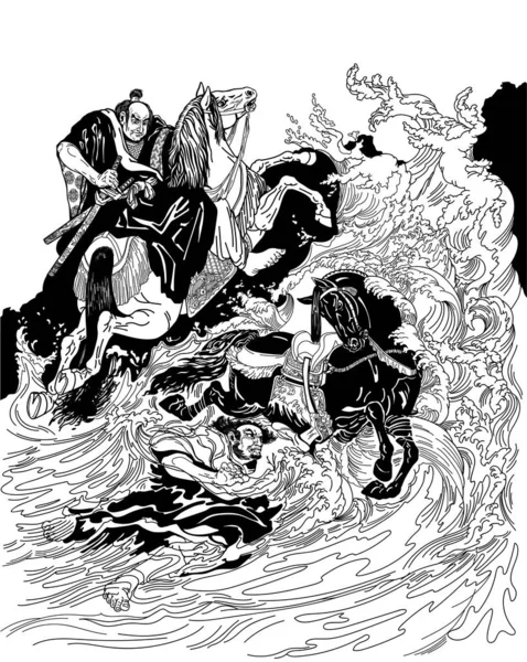 Dva Samurajové Přecházejí Bouřlivé Moře Jeden Válečník Černým Koněm Plovoucím — Stockový vektor
