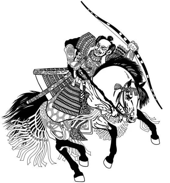 Samurai archer on horseback black and white — Stock Vector