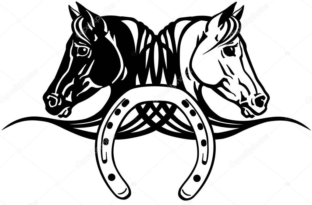 Decorative heads of black and white horses in profile with horseshoe. Logo, icon, emblem, tattoo style vector illustration