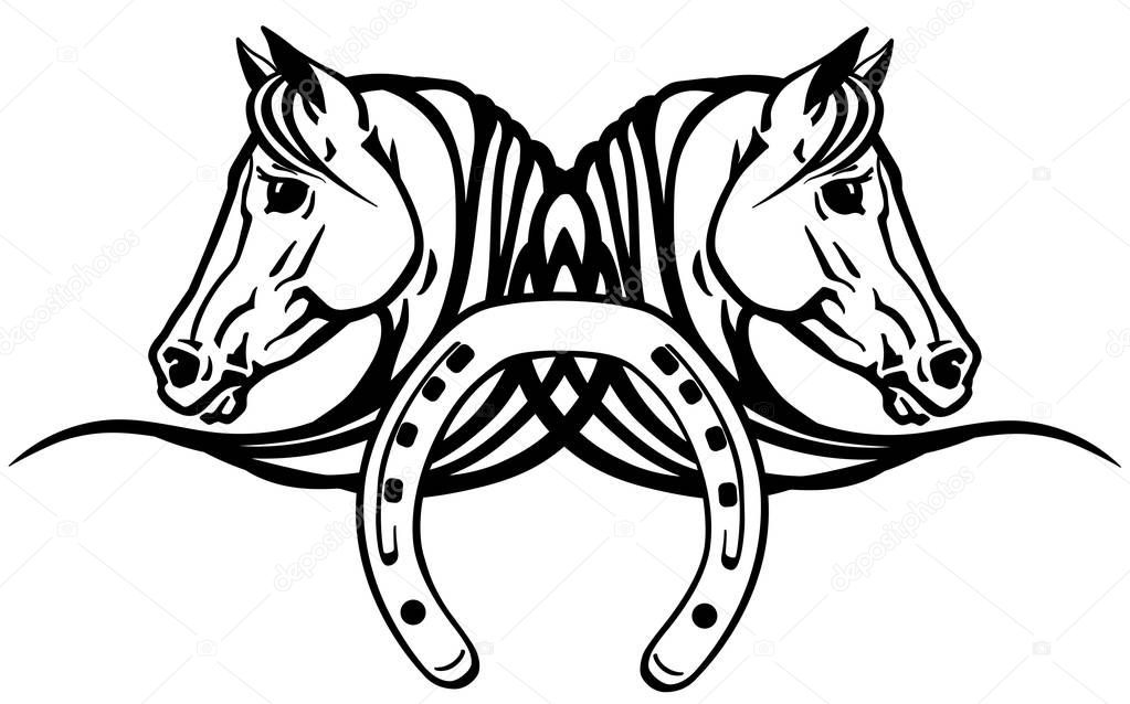 Decorative heads of Arabian white horses in profile with horseshoe. Logo, icon, emblem, tattoo style vector illustration